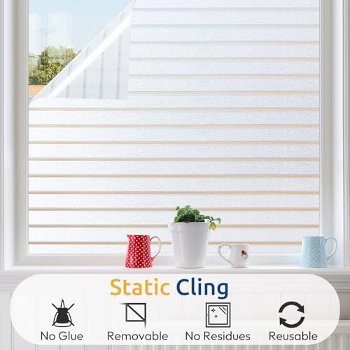 rabbitgoo Window Privacy Film, Frosted Glass Privacy Film, Window Frosting Cling for Glass, Non Adhesive Static Cling Front Door Covring, Anti-UV Reeded Blinds Sticker, Striped Pattern, 17.5" x 118.1" | Reeded Blinds Design, All Day Privacy Shield, Opaque