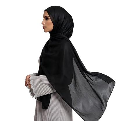 Organza Sheen Shimmer Crepe Hijab Scarf for Women Lightweight Sheer Shawl Wrap for Wedding and Evening Dresses - color: Black
