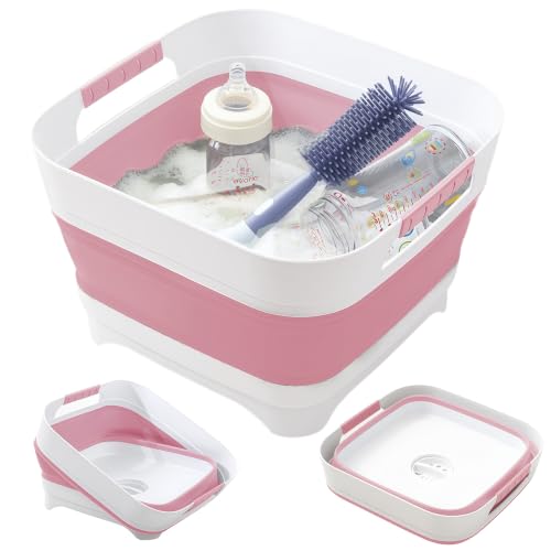 Collapsible Wash Basin for Baby Bottles - 2.4 Gallons Portable Wash Bin for RV Camping Sink, Space-Saving Dish Tub.Laundry & Utility Room Sinks (Pink) - color: Pink