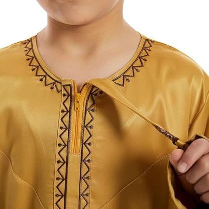 Boys Muslim Clothing Kids Prayer Outfits Long Sleeve Eid Dresses Embroidered Thobe Solid Color Crewneck Arabic Abaya - color: Yellow, size: 3-4T