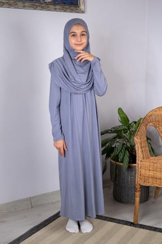 ihvan online Muslim Dress for Girls, Long Sleeve One-Piece Islamic Prayer Dress, Hijab for Kids, Girls Abaya, Islamic Gifts - color: Grey
