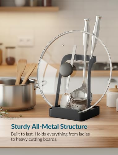 NiHome Pot Lid & Spoon Rest, Diatomite Tray Ladle Holder, Stove Top, Black | Quick-Absorb Diatomite Base & Anti-Slip Silicone Pad Keep Counters Dry While Holding Lids & Utensils Upright - color: Medium Black, size: with diatomite