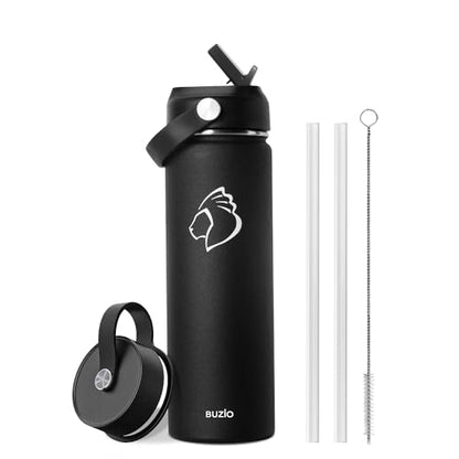 BUZIO 24 oz Insulated Water Bottle, Stainless Steel Wide Mouth Water Flask with Straw Lid, Cold for 48 Hrs Leak Proof Metal Hydro Thermo Canteen Mug, Black - color: Black, size: 24 Ounces