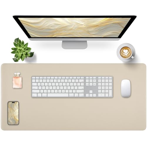 Bloss Desk Mat with Stitched Edges, 35.4"×15.7" Keyboard Pad Skin Pink, Non-Slip Desk Protector Mat, Leather Desk Blotter, Waterproof Desk Pad for Office Home Decor - color: Beige-stitched Edges, size: 35.4" x 15.7"