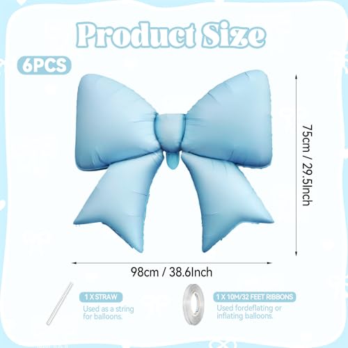 Blue Bow Balloons, 6 Pcs Large Foil for Baby Shower Gender Reveal Party - style: Blue Bow