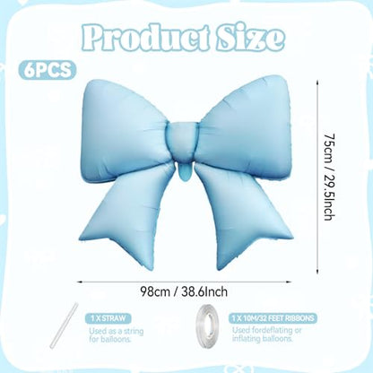 Blue Bow Balloons, 6 Pcs Large Foil for Baby Shower Gender Reveal Party - style: Blue Bow