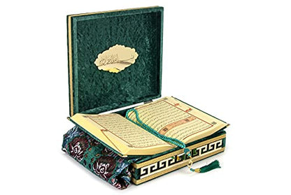 ihvan online Luxury Islamic Prayer Velvet Covered Gift Box, Deluxe 4 Piece Set with Elegant Velvet Covered Quran & Prayer Beads Tesbih & Prayer Rug, Ramadan & Eid Gift, Green - color: Green