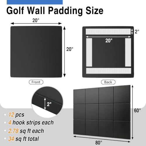 12 Pack Golf Wall Padding, 20" x 20" x 2", Indoor Golf Simulator Padding Panels, High Density Foam and PU Surface, for Impact Protection, Noise Reduction, Ideal for Gym, Garage, Playroom, 48 Straps - size: 20" x 20" x 2"