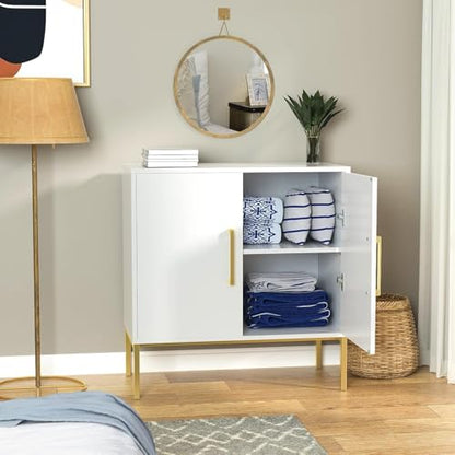 Buffet Sideboard Cabinet with Storage, Modern Wooden Cabinet with Adjustable Shelves, White and Gold Cabinets for Living Room, Kitchen, Hallway