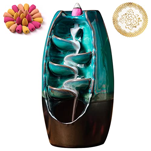 INONE Ceramic Incense Burner with 100 Upgraded Cones, Waterfall Backflow Incense Holder, Aromatherapy Ornament, Zen Decor, Home Decor, Room Decor (Cyan)