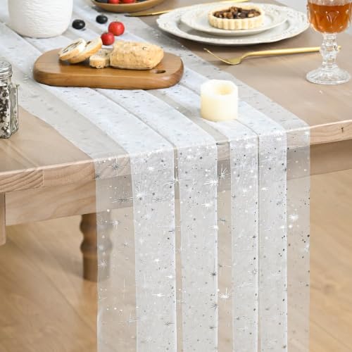 Artoid Mode Silver Stars White Gauze Table Runner 120 Inch 10FT, Reversible Glitter Sheer Dining Wedding Holiday Birthday Table Decor for Home Party - color: White Silver, size: 28" x 120"