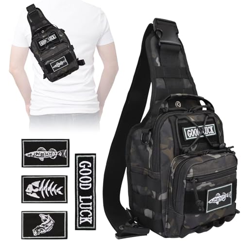 Small Fishing Backpack, Waterproof Fly Fishing Sling Pack Tackle Bag with Tackle Boxes - color: C-Size:17.7*8.5*5.7in-Black(NO TACKLE BOX)