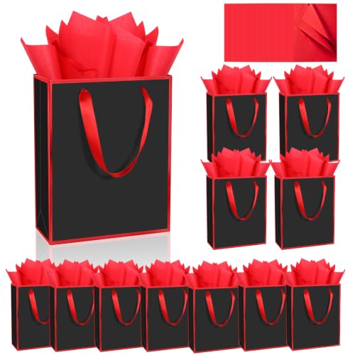 Epoesch 12 Pack Gift Bags with Handles & 12 Tissue Papers – 8x5x10 Inches - color: Black Red, size: 1 Count (Pack of 12)