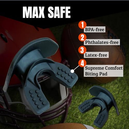 O Shield Core Football Mouth Guard, Detachable Strap | No boil, BPA-free silicone and TPE, brace friendly, ventilated case included, football 7v7 and flag - color: Black