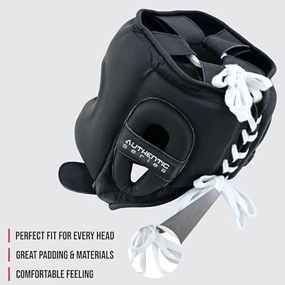 A1 Boxing Sparring Headgear – Face Saver Head Guard with Nose Protection, Cowhide Leather Boxing Headgear for MMA, Muay Thai & Kickboxing Training - color: Black, size: Small-Medium