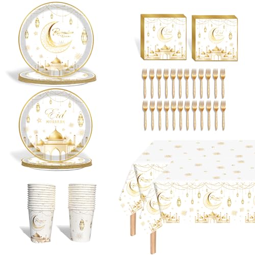122 Pieces Ramadan Mubarak Party Supplies Set, Eid Mubarak Tableware Sets Include 2 Large Tablecloth, Table Decorations Supplies Eid Al-fitr Party Plates and Napkins Forks for 24 Guests (White) - color: White
