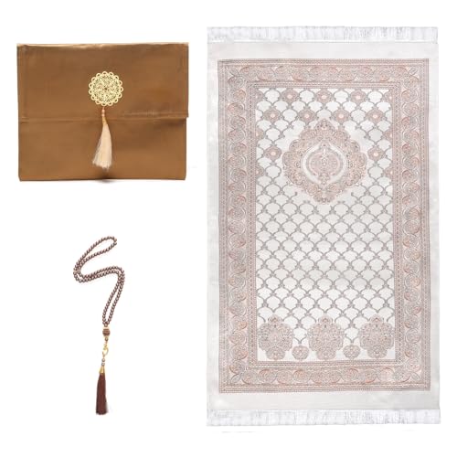 Muslim Prayer Rug Set with Beads and Bag, Soft and Silky Touch Prayer Carpet Mat, 27.5x43.3 Inch Coffee