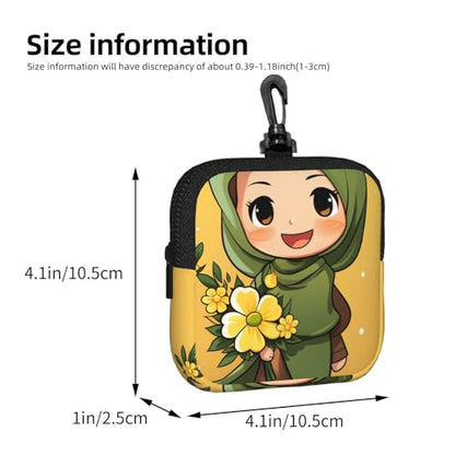 Small Neoprene Pouch, Mini Portable Makeup Bag With Carabiner Keychain Waterproof Travel Coin Purse Storage Bag Cartoon Muslim Girl Clutch Cosmetic Organizer For Women
