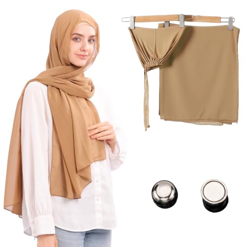 Jonglroy Muslim Chiffon Hijab magnets Head Scarf with Matching Tie Back Jersey Undercap - color: Camel