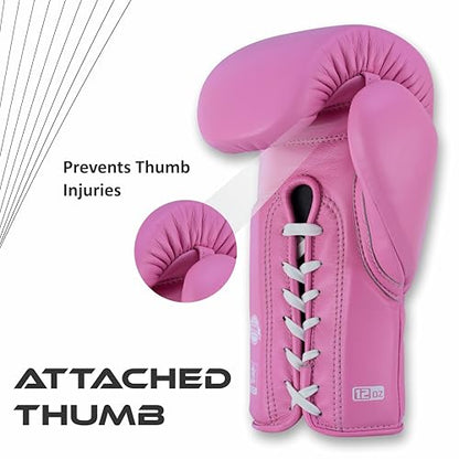 Aura 100 Full Grain Leather Lace Up Boxing Gloves for Men & Women – Professional Training, Sparring, Competition, Muay Thai, Kickboxing & Heavy Bag Gloves - color: Pink, size: 12 OZ
