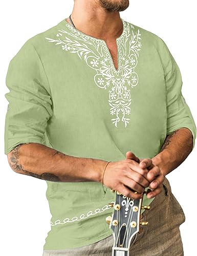 JoZorro Mens Polyester Linen V Neck Henley Shirt Long Sleeve Caftan Handmade Tunic Embroidered Casual Beach T Shirts - color: Light Green, size: Medium