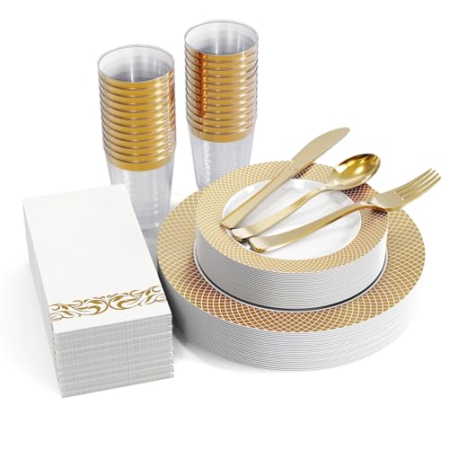 FOCUSLINE 175 Pieces Gold Dinnerware Set for 25 Guests - color: 175Pack Gold Dinnerware Set