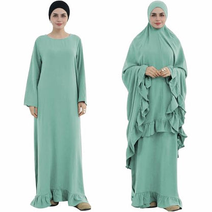 2PCS Women Muslim Prayer Abaya Dress Ruffle Trim Side Pockets with Khimar - color: Light Green, size: Large
