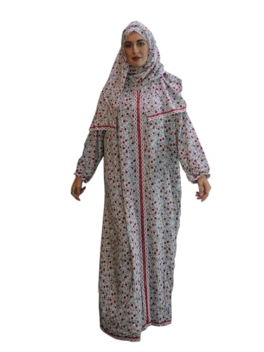 Women's Ditsy Floral Print Zipper Design Hooded Arabian Dress Modest Bishop Sleeve Long Sleeve Maxi Muslim Dress for Women - color: White, size: One Size