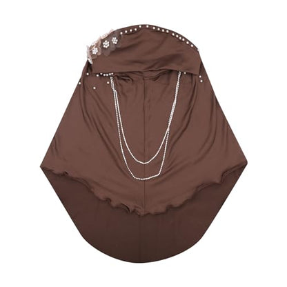RARITYUS Women Bling Rhinestone Pearl Instant Scarf Muslim Hijab Fashion Shawl Head Wrap Turban Cap with Flower Accent - color: Coffee