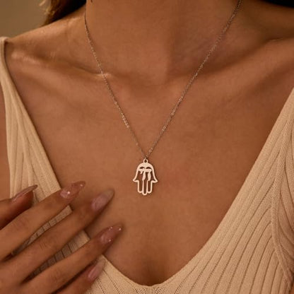 Stainless Steel Jewish Jewelry - Star of David/Hamsa Hand/Menorah/Israel Map Pendant – Israel Necklace for Women & Men - Religious Gifts for Hanukkah, Bar Mitzvah include a Gift Box - color: Silver-Hamsa Necklace