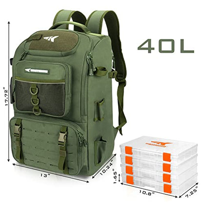 KastKing KarryAll Fishing Backpack with Rod Holder 4 Tackle Boxes, 40/26L | Tackle Bag Storage Fishing Gear and Equipment, Water‑Resistant Material, Fishing Gift for Men - color: C: Large (40 L) - Green