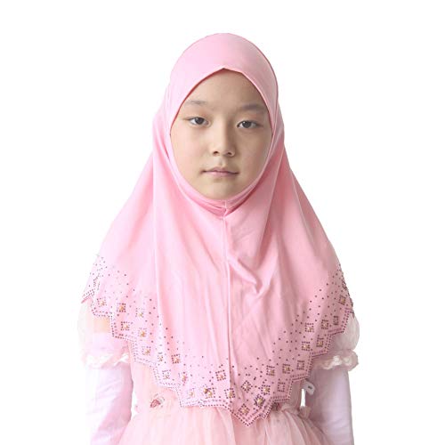 Girls Hijab with Rhinestones – Sparkly Non-Slip Amira Scarf for Kids, for Daily Prayer, School, Ramadan & Eid (Ages 4-12) - color: Pink
