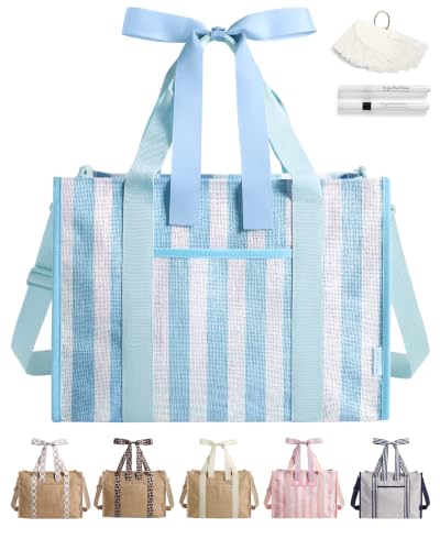BAGSMART Beach Tote Bag for Women, Personalized Teacher Appreciation Gifts | Self-standing Sandproof Mesh Bag, Custom Jute Gift Tote w/ Stencils & Markers, Monogrammed Gift Bag Travel Cruise Essentials - color: Sky Blue Stripes, size: 21L Jute