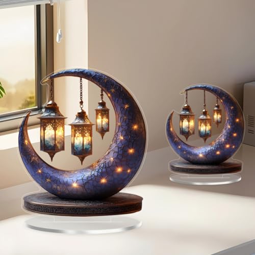 Eid Mubarak Crescent Moon Table Decoration with LED Lights and Hanging Lanterns, 7.87 Inch
