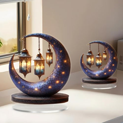 Eid Mubarak Crescent Moon Table Decoration with LED Lights and Hanging Lanterns, 7.87 Inch