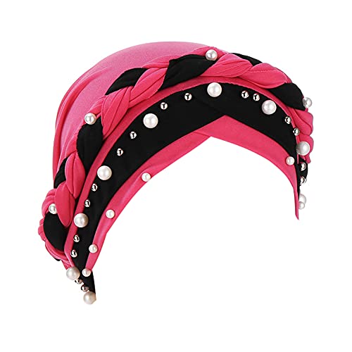 Fxhixiy Women Chemo Beanie Beaded Pearl Braid Turban Headwear for Hair Loss - color: Rose Red Black