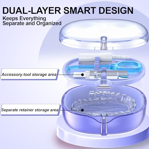 Double-layer Retainer Box Case Orthodontic Teeth Aligner Case with Mirror, Dental Night Mouth Guard Holder with Retainer Remover Tool, Chew and Brush - Secure Magnet Closure - Transparent Blue - color: Transparent Blue