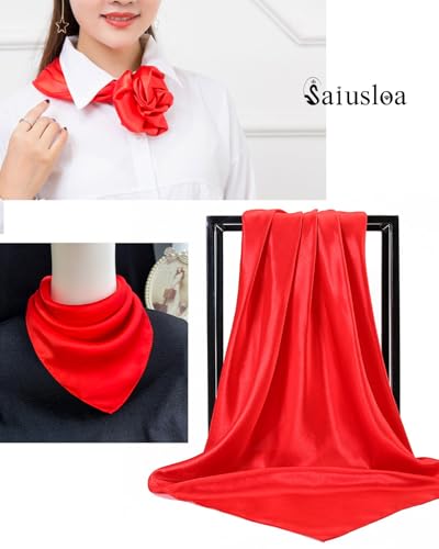 Saiusloa Solid Color Neck Scarf For Women Square Satin Head Scarves headband Bandanas 23.6× 23.6 inches - color: 3-red