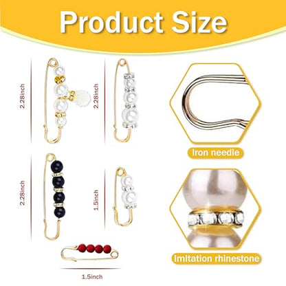 Pearl Brooches and Pins for Women, 10PCS safety pins for clothes, Multi-Style Adjustable Pant Waist Tightener with Beads, Anti-Slip Clothes Pins, Clothing Fixer Brooch for Secure Fit