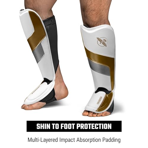Hayabusa T3 Full-Back Shin Guards - color: White/Gold, size: Large