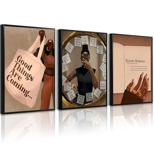 Black Girl Wall Art African American Woman Canvas Wall Decor Black Female Wall Art Fashion Women Poster Feminine Boho Pictures Abstract Paintings for Bedroom Bathroom 12x16 Inch Unframed Set of 3 - color: Black Girl Prints, size: 12"x16" Unframed