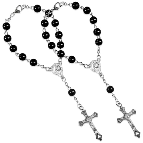 2 PCS Rosary for Rearview Mirror, Religious Cross Bead & Medal Car Rear View Mirror Hanging Ornament, Personalized Rosary Pendant Christian Auto Decoration for Women Men (Black) - color: Black