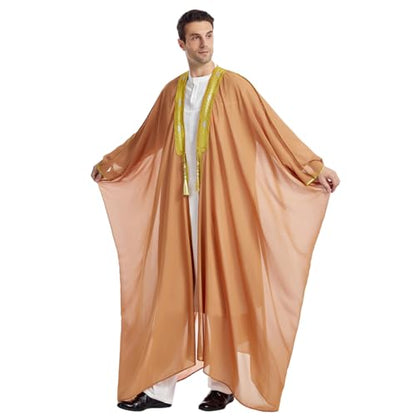 Muslim Thobe for Men Kaftan Robe Ramadan Abaya Prayer Dress Chiffon Open Front Embroidered Cardigan Islam Dubai Thobe Kimono - color: Camel, size: Large