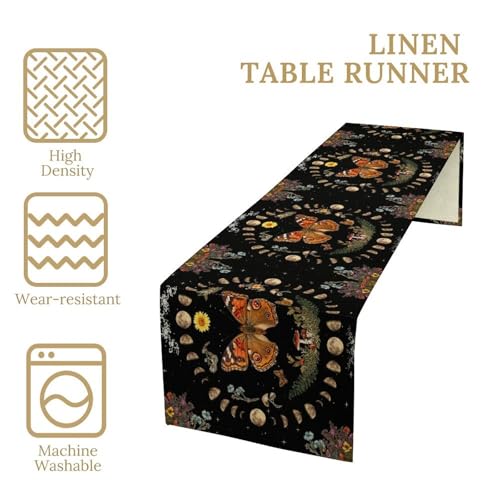 Boho Moth Table Runner, Witchy Mysterious Moon Phase Garden Flower Plant Gothic Aesthetic Table Runner for Home Kitchen Dining Patio Holiday Party 13x36in - color: Moth-3, size: W13''xL36''