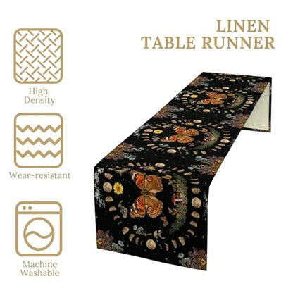Boho Moth Table Runner, Witchy Mysterious Moon Phase Garden Flower Plant Gothic Aesthetic Table Runner for Home Kitchen Dining Patio Holiday Party 13x36in - color: Moth-3, size: W13''xL36''