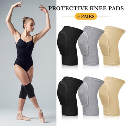 Eurzom 3 Pairs Dance Knee Pads Women Protective Non-Slip Knee Pads for Yoga Cheerleading Pole Floor Dance Volleyball - color: black, gray, skin color