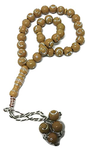 Muslim Bead Tasbih 33 Rosary AMN-277 Islam Prayer dhikr Misbaha with Moon Star Engraved on Islamic Religion Eid Ramadan Gift (Light Brown) - color: Light Brown