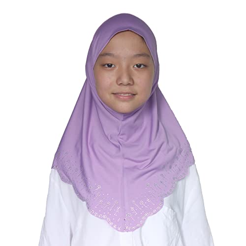Girls Hijab with Rhinestones – Sparkly Non-Slip Amira Scarf for Kids, for Daily Prayer, School, Ramadan & Eid (Ages 4-12) - color: Lavendar-wavy Edge