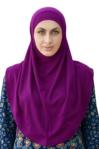 SARJANA Women's Solid Color Cotton Hijab with Under Scarf Cap Ready to Wear Stretch Scarves Long Scarfs FREE SIZE - color: Deep Purple