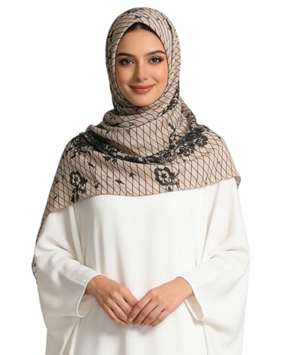 ZGMYC Watercolour Floral Printed Hijab Scarf for Women Soft Modal Cotton Instant Hijab Head Wraps Shawls Long Scarves - color: Khaki & Black Lace